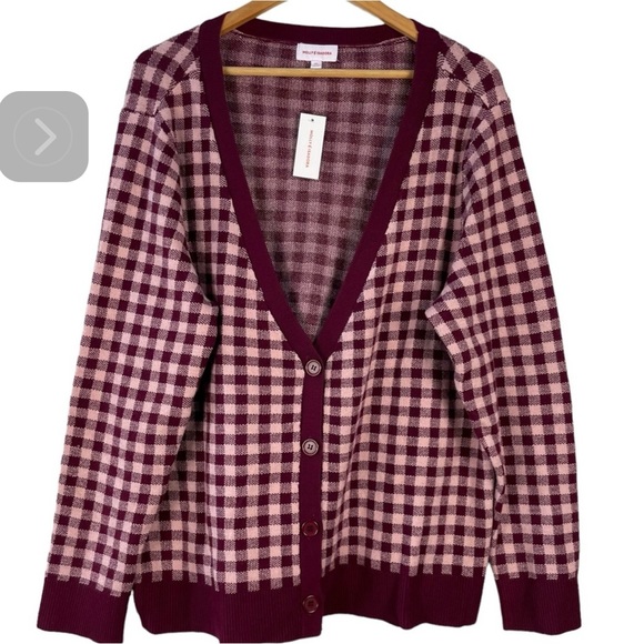 Molly & Isadora Burgundy Pink Gingham Open Front Cardigan Sweater Size 2X - Picture 2 of 3